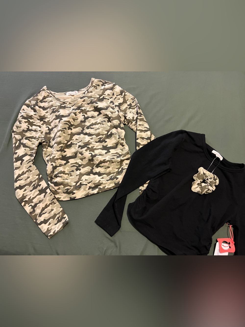 Camo and Black Crewneck - Long Sleeve Tops- with Matching Camo Hair Tie